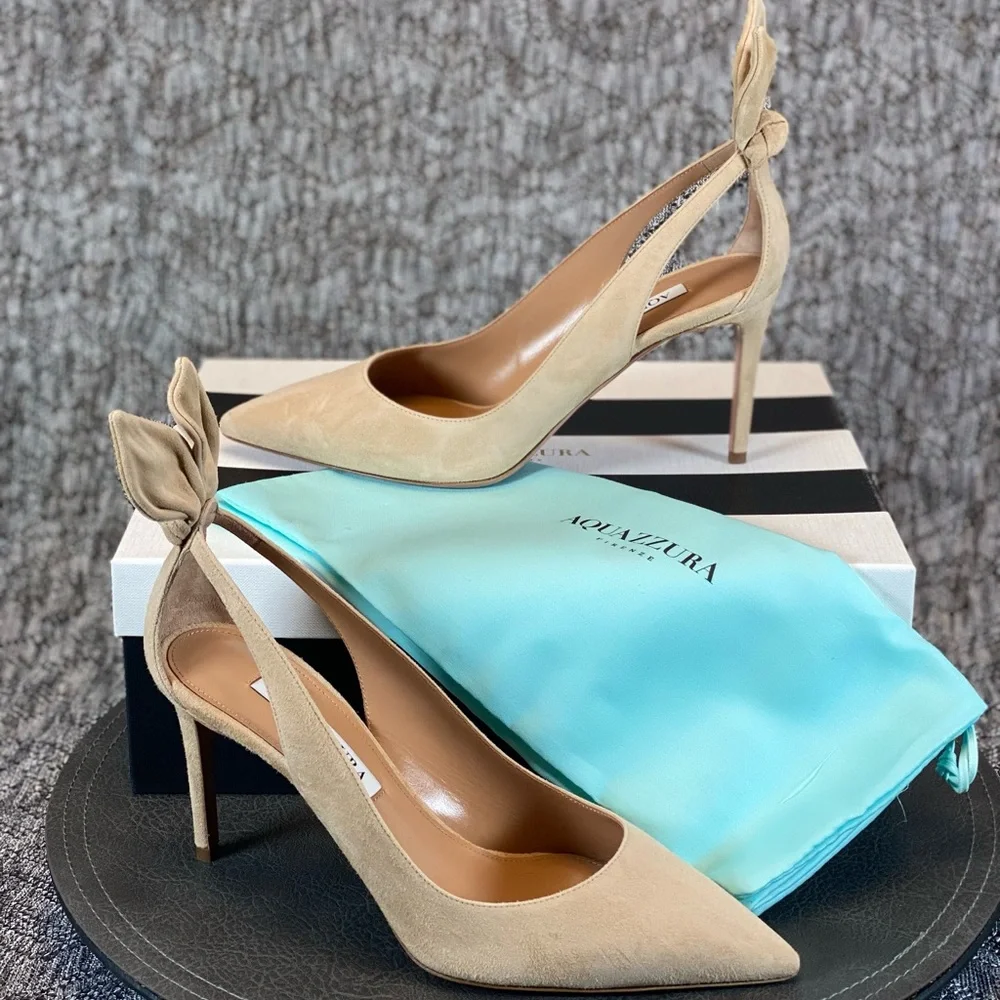 Aquazzura Bow Tie Pump 85mm Heels Nude Size 37 - Picture 1 of 15